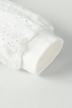 Fashion Dear-Lover Broderie Anglaise Puff Sleeve Waffle Knit Tee White