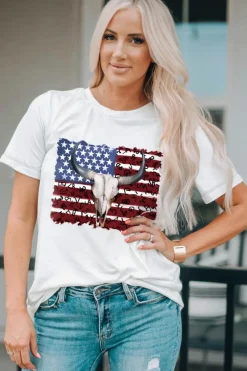 Fashion Dear-Lover Bull Skull American Flag Graphic Tee White