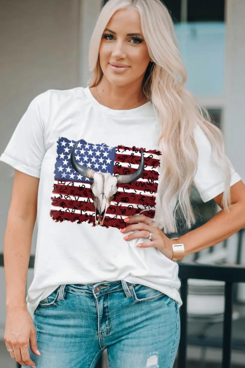 Fashion Dear-Lover Bull Skull American Flag Graphic Tee White
