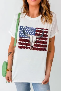 Fashion Dear-Lover Bull Skull American Flag Graphic Tee White