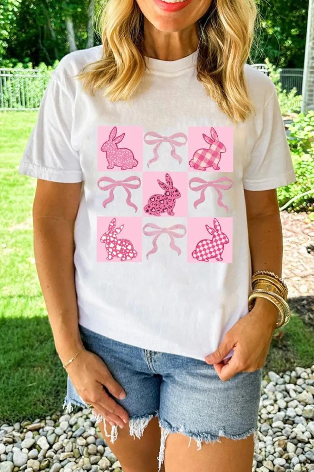 Online Dear-Lover Bunny Bowknot Graphic Easter Fashion T Shirt White