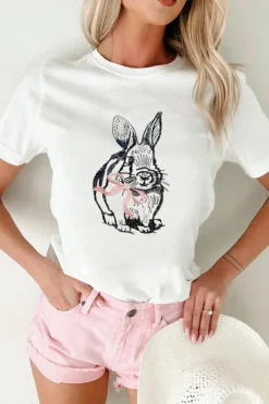 Hot Dear-Lover Bunny Embroidered Bow Graphic Tee White