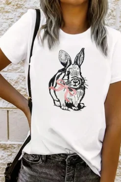 Hot Dear-Lover Bunny Embroidered Bow Graphic Tee White