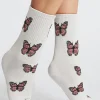 Sale Dear-Lover Butterfly Pattern Ribbed Edge Soft Crew Socks White