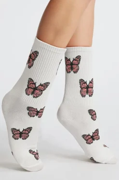 Sale Dear-Lover Butterfly Pattern Ribbed Edge Soft Crew Socks White