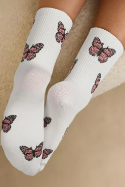 Sale Dear-Lover Butterfly Pattern Ribbed Edge Soft Crew Socks White