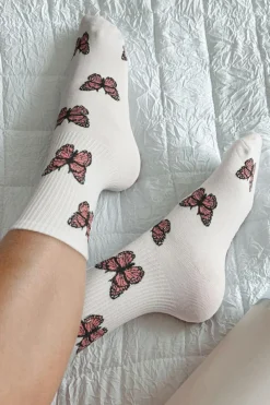 Sale Dear-Lover Butterfly Pattern Ribbed Edge Soft Crew Socks White