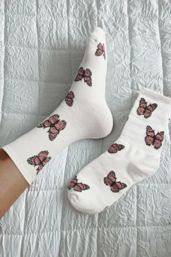 Sale Dear-Lover Butterfly Pattern Ribbed Edge Soft Crew Socks White