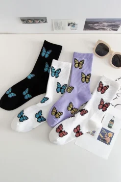 Sale Dear-Lover Butterfly Pattern Ribbed Edge Soft Crew Socks White