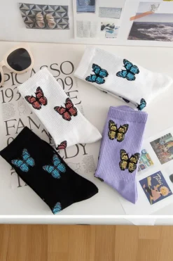 Sale Dear-Lover Butterfly Pattern Ribbed Edge Soft Crew Socks White