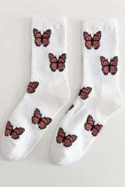 Sale Dear-Lover Butterfly Pattern Ribbed Edge Soft Crew Socks White