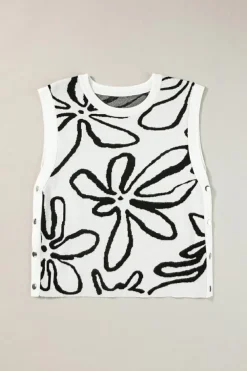 Outlet Dear-Lover Button Sides Sleeveless Floral Knitted Top White