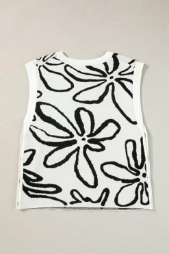 Outlet Dear-Lover Button Sides Sleeveless Floral Knitted Top White