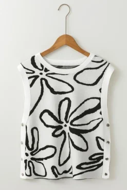 Outlet Dear-Lover Button Sides Sleeveless Floral Knitted Top White