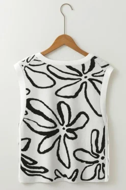 Outlet Dear-Lover Button Sides Sleeveless Floral Knitted Top White