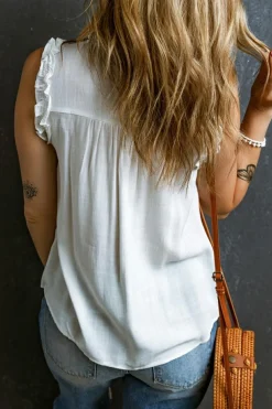 Outlet Dear-Lover Button Split Neck Ruffled Trim Tank Top White