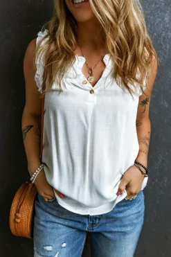 Outlet Dear-Lover Button Split Neck Ruffled Trim Tank Top White