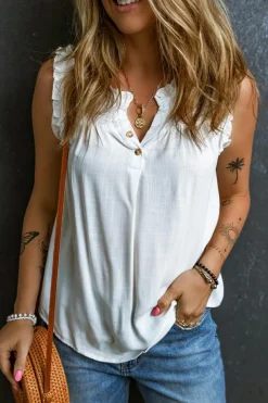 Outlet Dear-Lover Button Split Neck Ruffled Trim Tank Top White