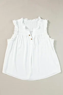Outlet Dear-Lover Button Split Neck Ruffled Trim Tank Top White