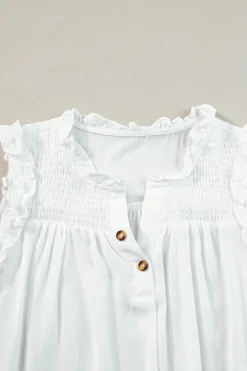 Outlet Dear-Lover Button Split Neck Ruffled Trim Tank Top White