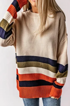 Sale Dear-Lover Buttoned Shoulder Drop Shoulder Striped Sweater White