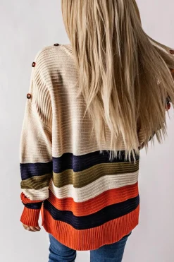 Sale Dear-Lover Buttoned Shoulder Drop Shoulder Striped Sweater White