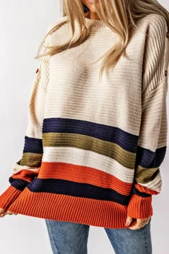 Sale Dear-Lover Buttoned Shoulder Drop Shoulder Striped Sweater White