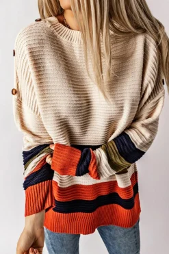 Sale Dear-Lover Buttoned Shoulder Drop Shoulder Striped Sweater White