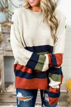 Sale Dear-Lover Buttoned Shoulder Drop Shoulder Striped Sweater White