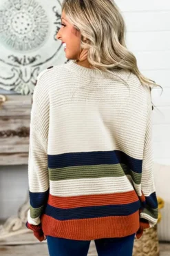 Sale Dear-Lover Buttoned Shoulder Drop Shoulder Striped Sweater White