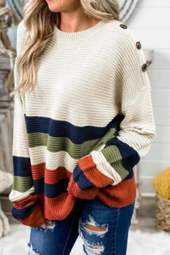 Sale Dear-Lover Buttoned Shoulder Drop Shoulder Striped Sweater White