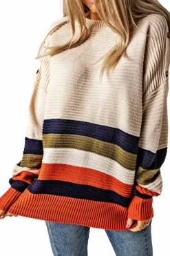 Sale Dear-Lover Buttoned Shoulder Drop Shoulder Striped Sweater White