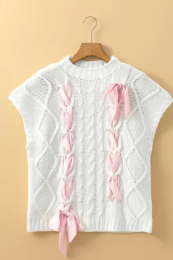 New Dear-Lover Cable Knit Colorblock Satin Bowknot Short Sleeve Sweater White