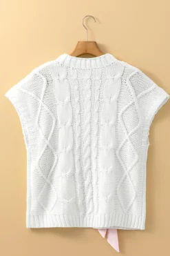 New Dear-Lover Cable Knit Colorblock Satin Bowknot Short Sleeve Sweater White