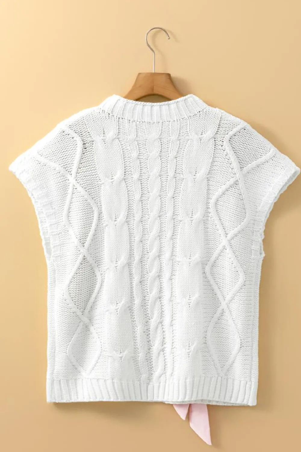 New Dear-Lover Cable Knit Colorblock Satin Bowknot Short Sleeve Sweater White