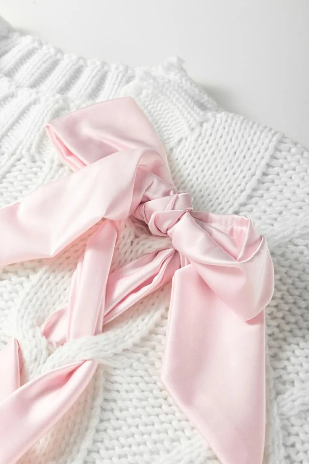 New Dear-Lover Cable Knit Colorblock Satin Bowknot Short Sleeve Sweater White