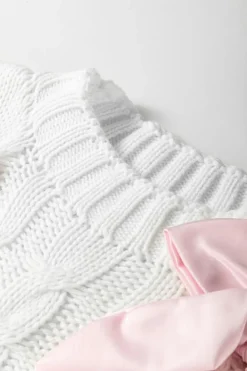 New Dear-Lover Cable Knit Colorblock Satin Bowknot Short Sleeve Sweater White