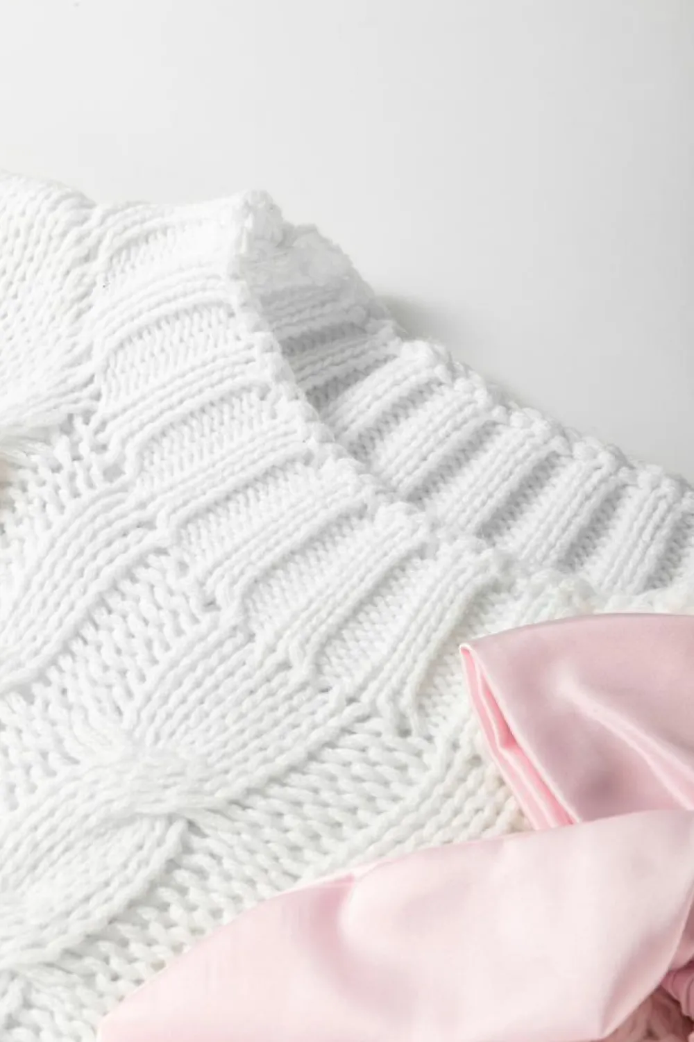 New Dear-Lover Cable Knit Colorblock Satin Bowknot Short Sleeve Sweater White