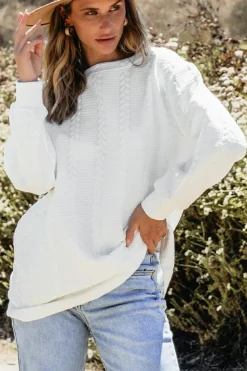 New Dear-Lover Cable Textured Long Sleeve Round Neck Top White