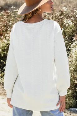 New Dear-Lover Cable Textured Long Sleeve Round Neck Top White
