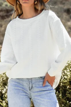 New Dear-Lover Cable Textured Long Sleeve Round Neck Top White