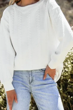 New Dear-Lover Cable Textured Long Sleeve Round Neck Top White