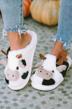 Outlet Dear-Lover Cartoon Animal Cow Plush Slippers White