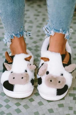 Outlet Dear-Lover Cartoon Animal Cow Plush Slippers White