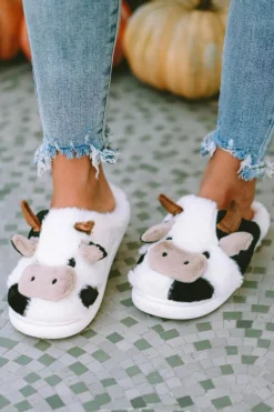 Outlet Dear-Lover Cartoon Animal Cow Plush Slippers White