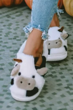 Outlet Dear-Lover Cartoon Animal Cow Plush Slippers White