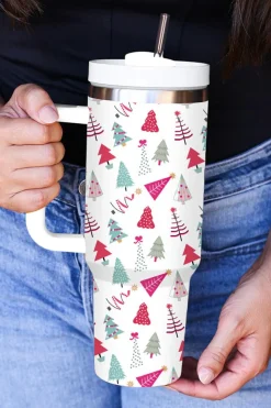 Hot Dear-Lover Cartoon Christmas Tree Printed Thermos Cup 40oz White