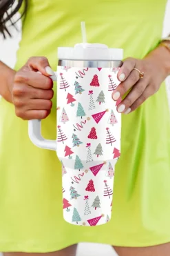 Hot Dear-Lover Cartoon Christmas Tree Printed Thermos Cup 40oz White