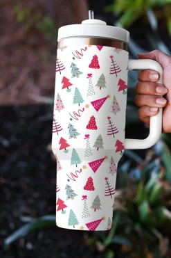 Hot Dear-Lover Cartoon Christmas Tree Printed Thermos Cup 40oz White