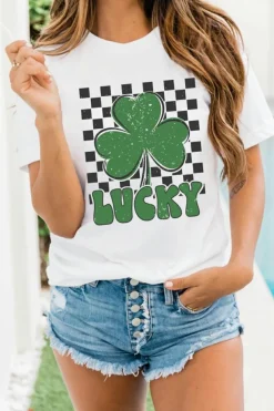 Hot Dear-Lover Checker LUCKY Clover Printed St Patricks T Shirt White